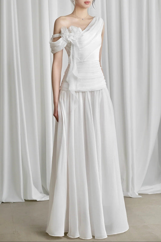 One-Shoulder 3D Flower Ruched Maxi Dress