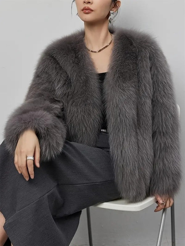 Flowering Girl Women Gray Faux Fox Fur Eco Friendly Long Sleeve Jacket