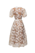 alisa mesh embroidered puff sleeves midi dress in beige