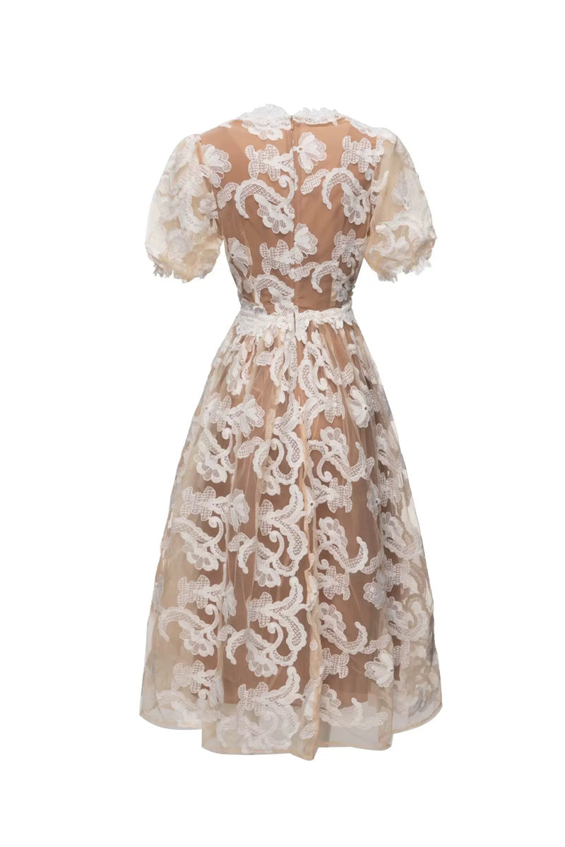 Flowering Girl Women Alisa Mesh Embroidered Puff Sleeves Midi Dress In Beige
