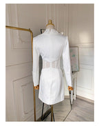 Flowering Girl Women Alyssa Deep V See-Through Fishbone Pleated Hip Blazer Mini Dress In White