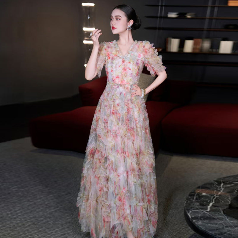 Flowering Girl Women Jodie v Neck Multicolor Ruffle Trim Tulle Maxi Dress