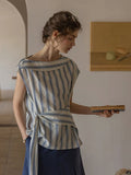 Flowering Girl Women cross-shoulder off-shoulder off-line cotton woven jacquard striped shirt