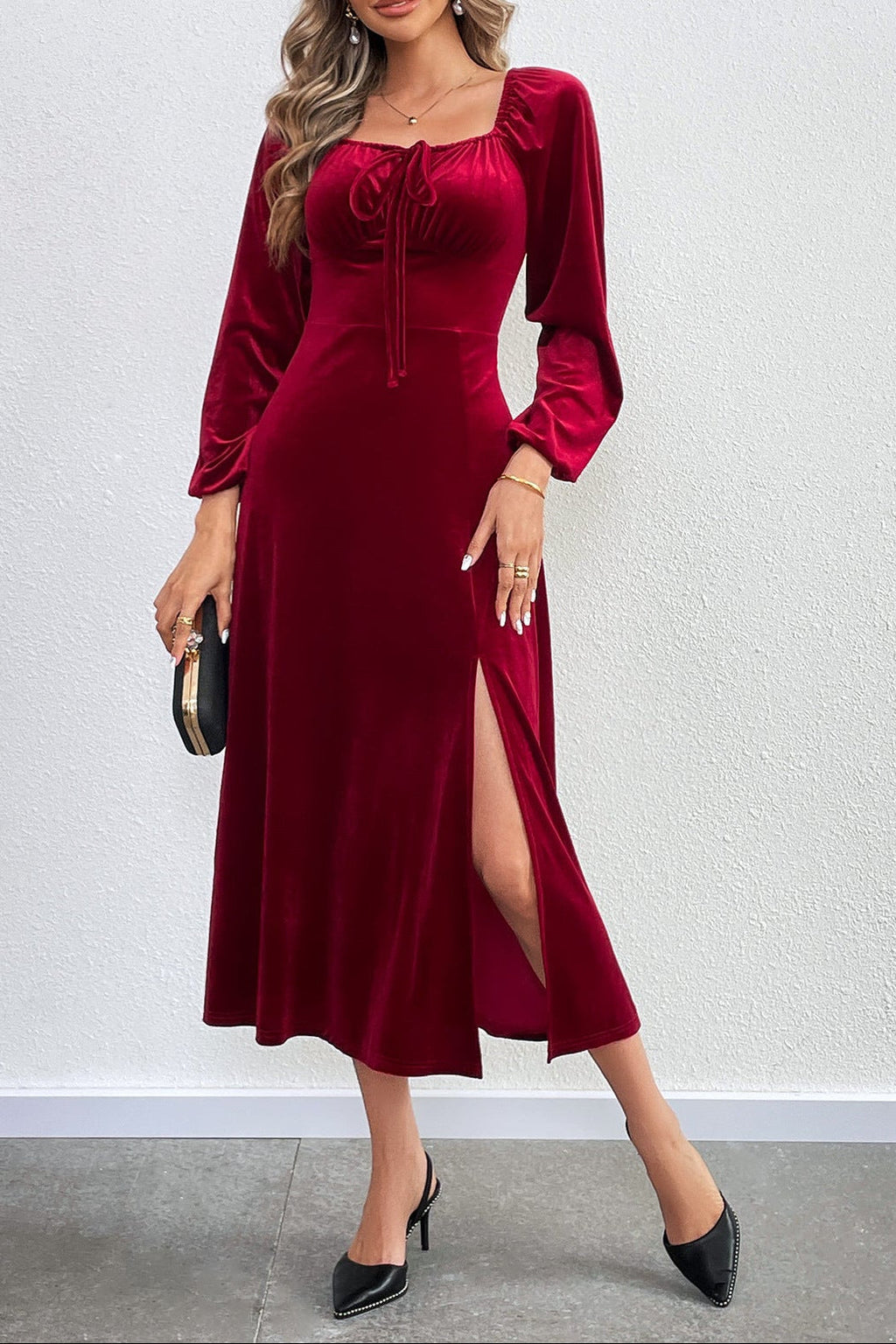 Flowering Girl Women wine red Slit square neck puff sleeve long velvet dress