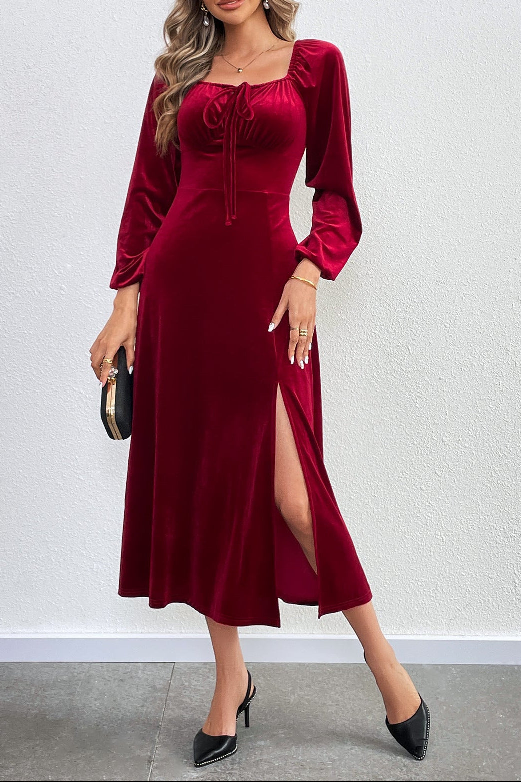 Flowering Girl Women wine red Slit square neck puff sleeve long velvet dress
