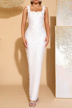 Flowering Girl Women Adela White Flower Beaded Square-Neck Elastic Bandage Maxi Dress