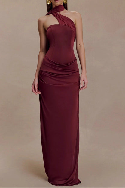 red bandeau sloping shoulder maxi dress