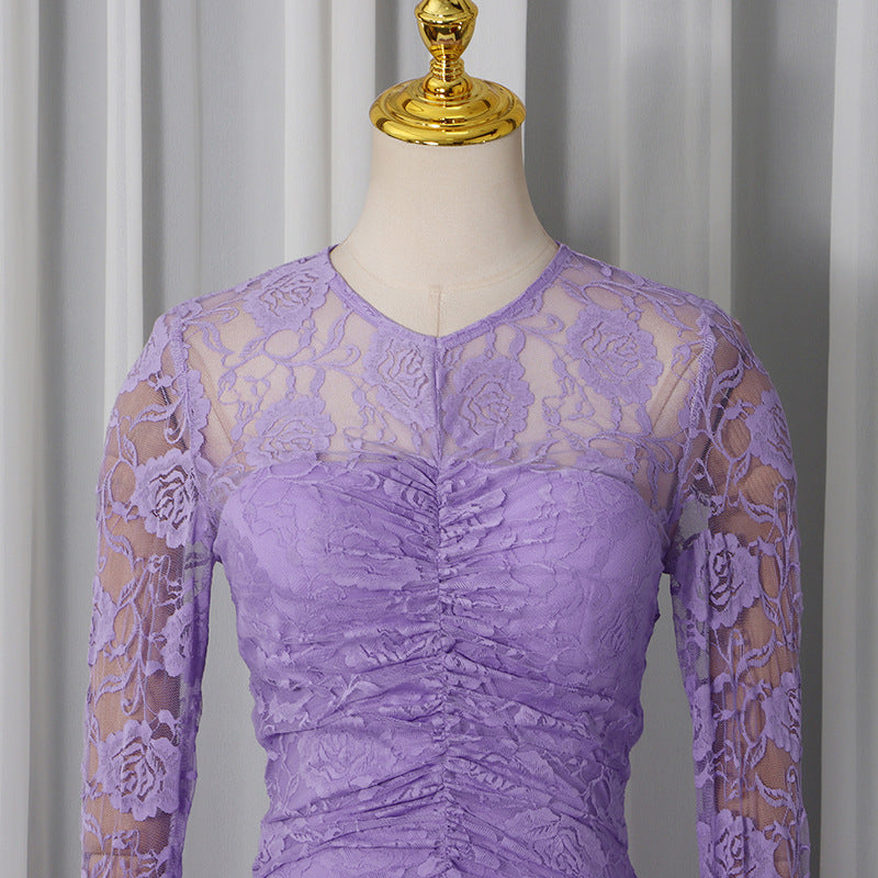 Flowering Girl Women Penny Lace Hollow Ruched Bodycon Long Sleeve Maxi Dress In Purple
