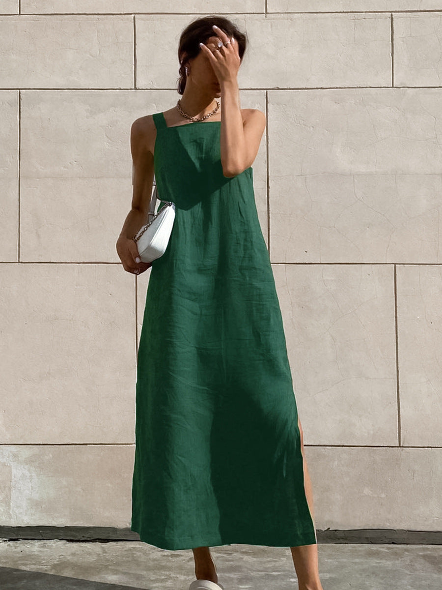 Flowering Girl Women cotton linen side slit strap midi dress