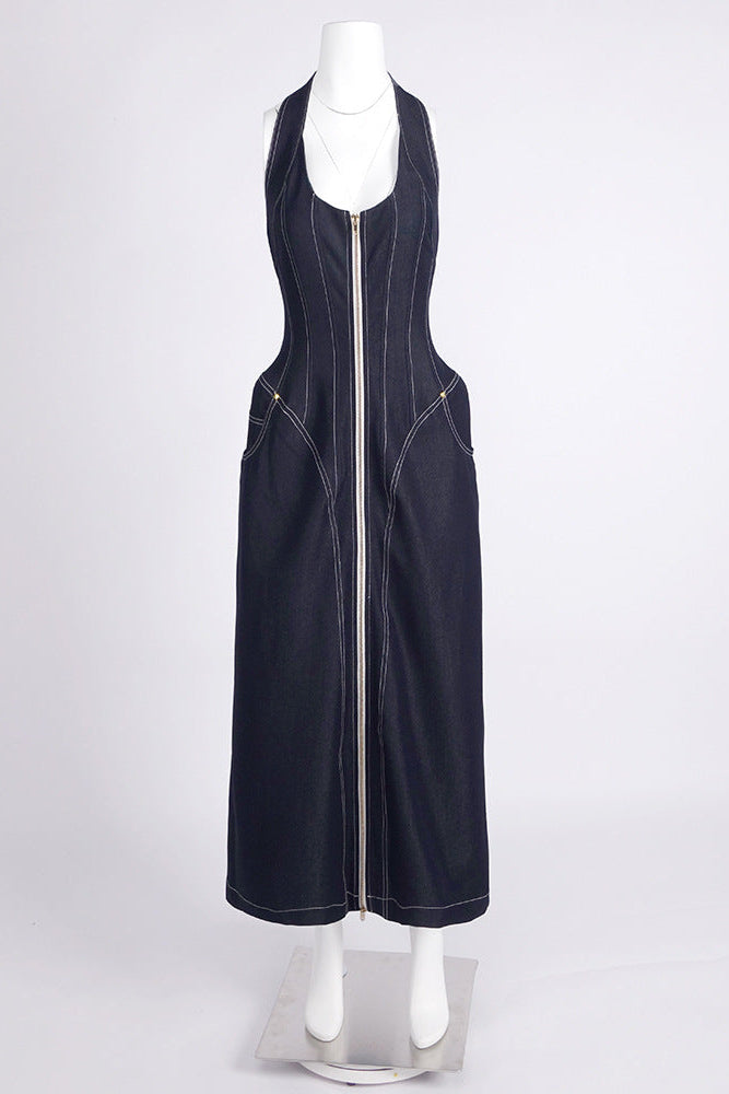 Flowering Girl Women Haltered Corseted Midi Dress Denim In Navy Blue