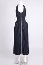 Flowering Girl Women Haltered Corseted Midi Dress Denim In Navy Blue