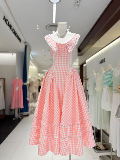 xylia bowknot neck plaid sleeveless midi dress - pink