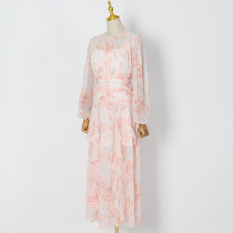 Flowering Girl Women puff long sleeve tiered ruffle hem maxi dress in pink