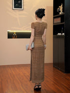 sharon appliqué hollow maxi dress in brown