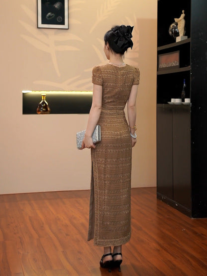sharon appliqué hollow maxi dress in brown
