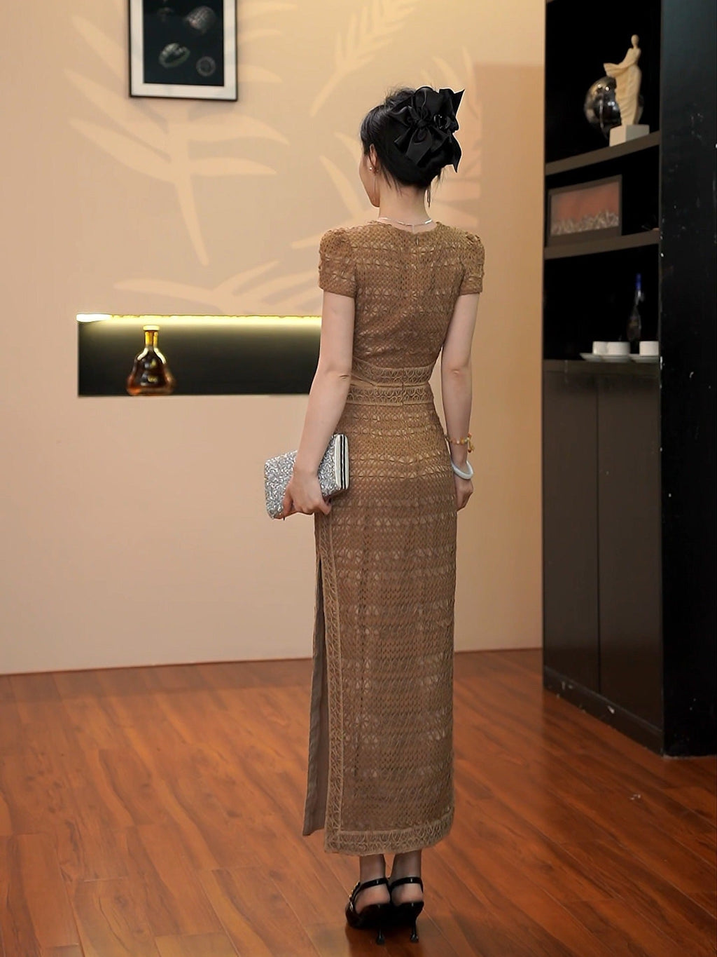 Sharon Appliqué Hollow Maxi Dress In Brown