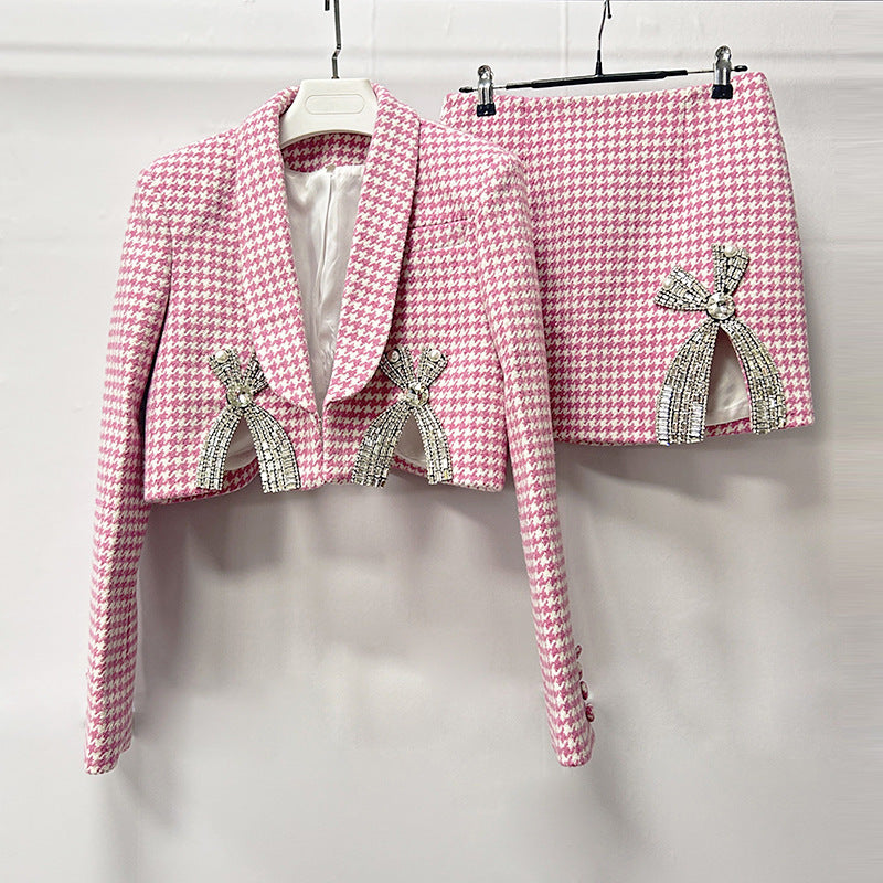 Helen Embellished Checked Wool-Blend Blazer Set In Pink