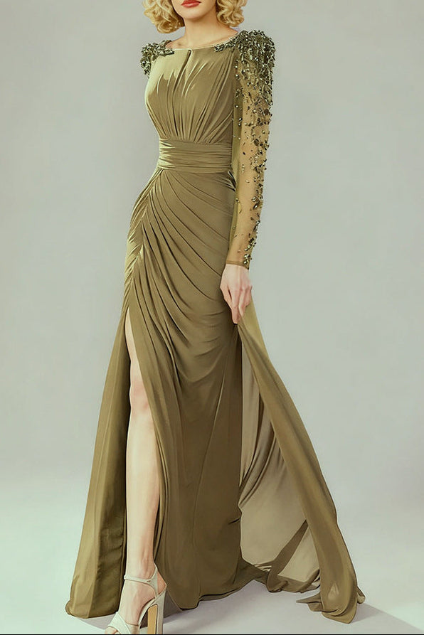 nail bead set with diamonds small trailing long dress olive green