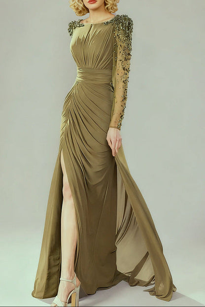 nail bead set with diamonds small trailing long dress olive green