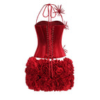 Flowering Girl Women corset floral mini skirt suit in red