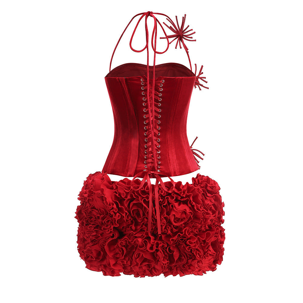 Flowering Girl Women corset floral mini skirt suit in red