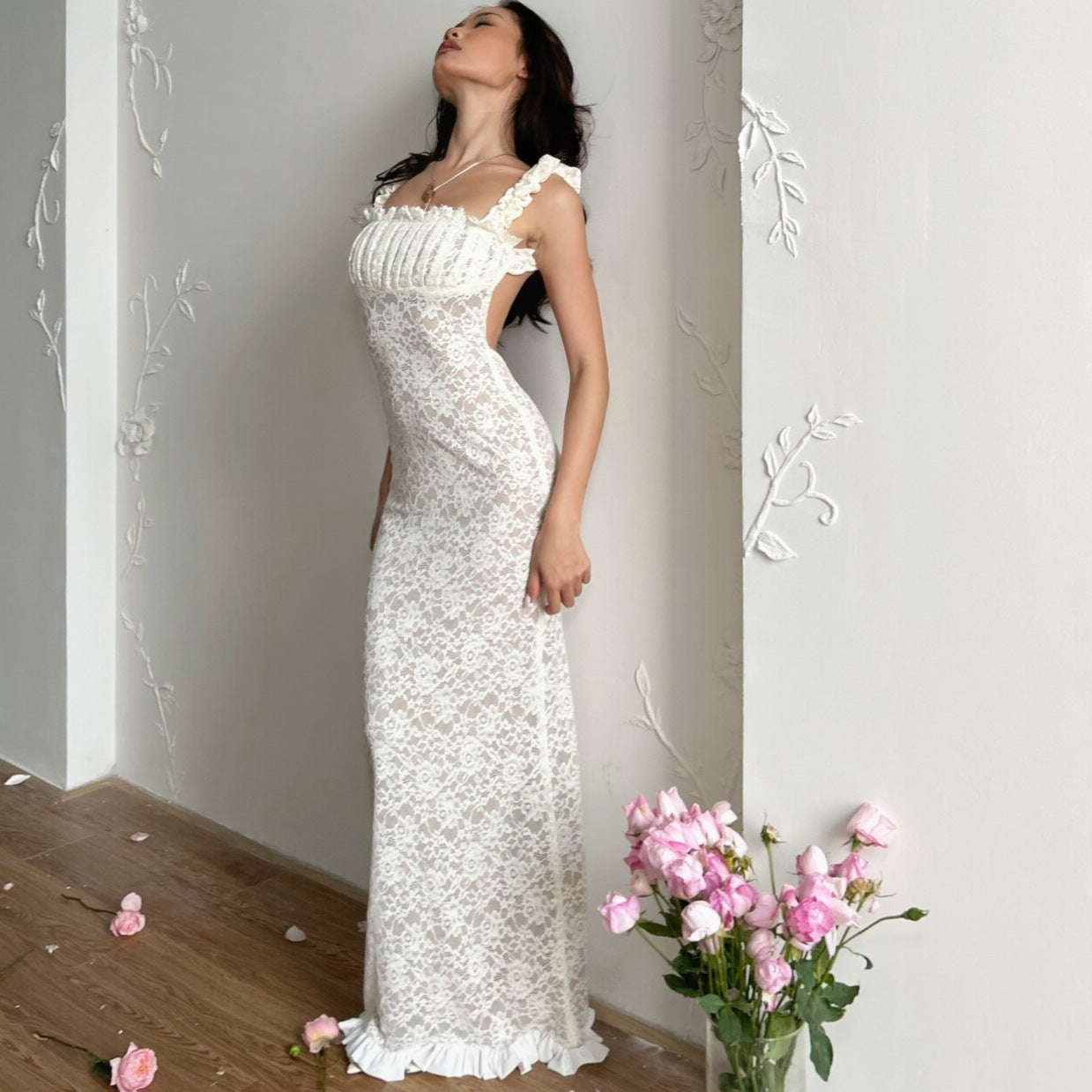georgia lace bodycon slip maxi dress in white