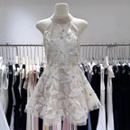 Halter 3D Floral Rhinestone Sheer Mini Dress