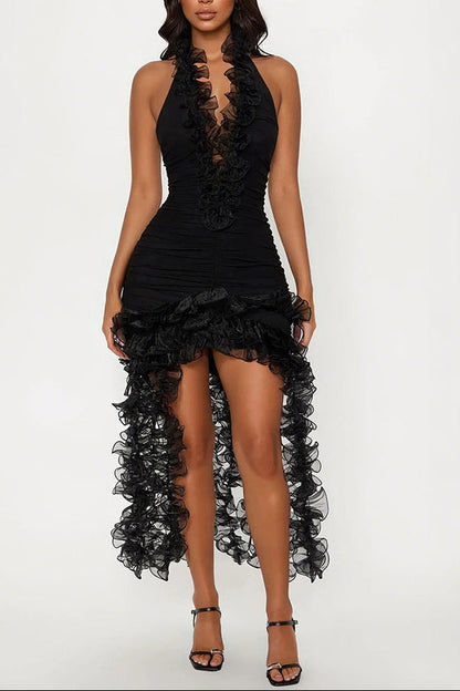 marina ruffle trim halter bodycon mini dress - black