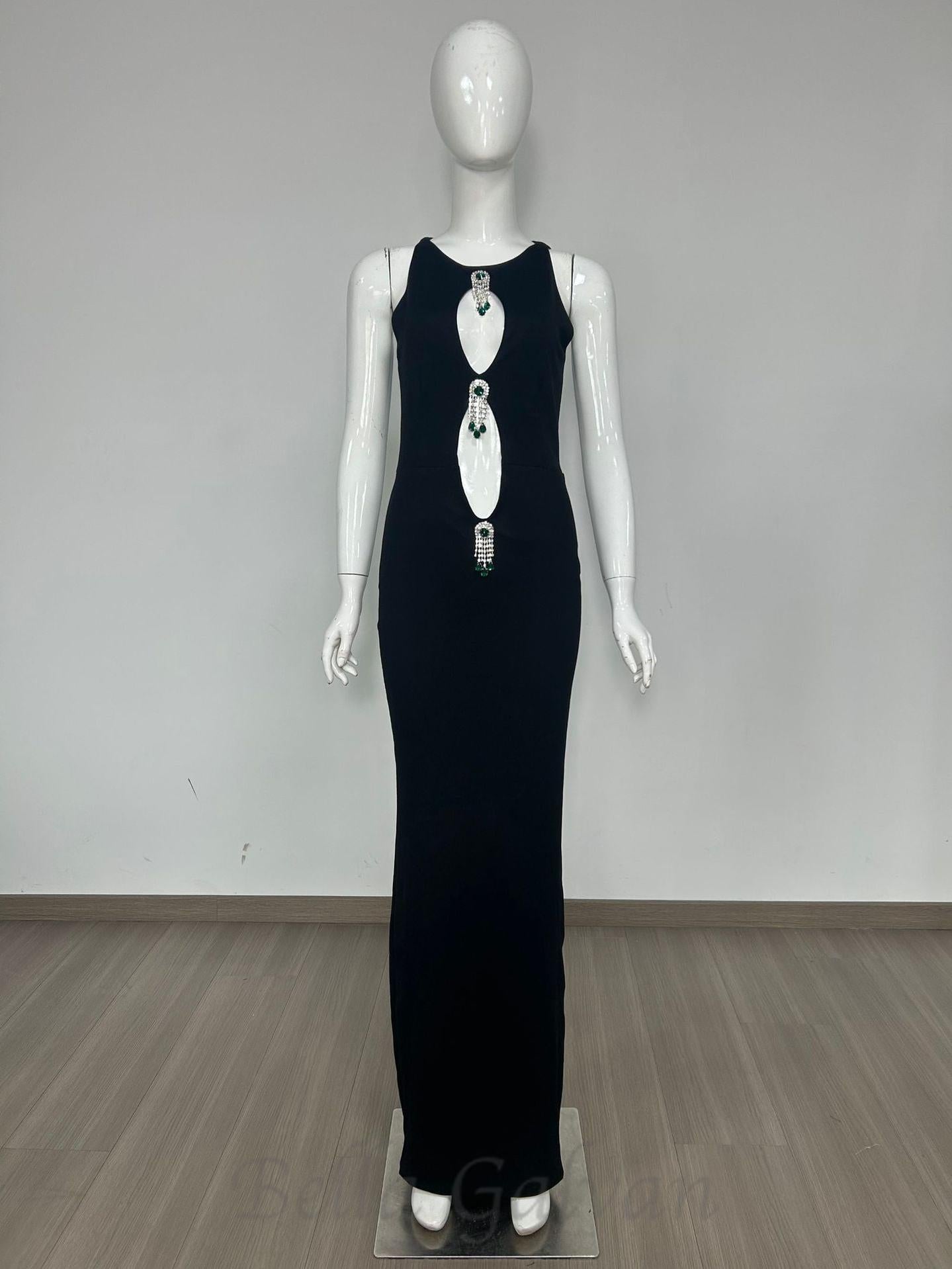Flowering Girl Women emerald embellished cutout sleeveless maxi dress in black