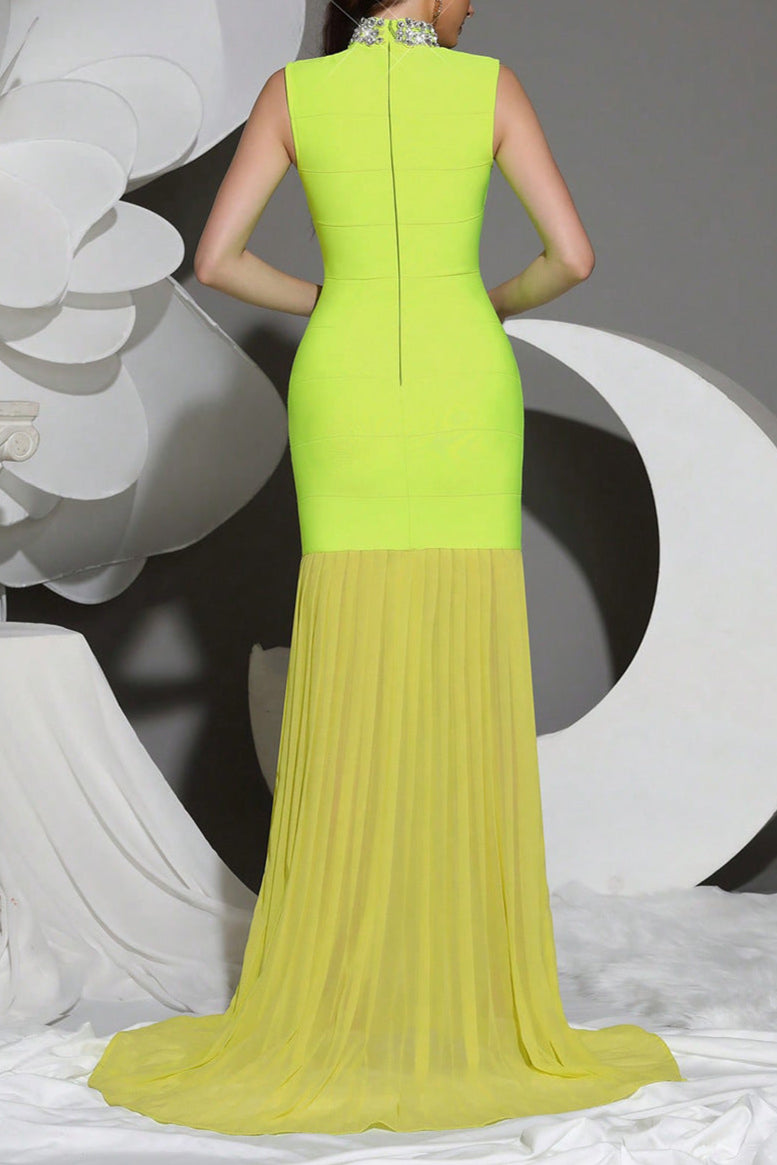 Flowering Girl Women Amy Mesh Stitching Diamond High Collar Bandage Maxi Dress In Green