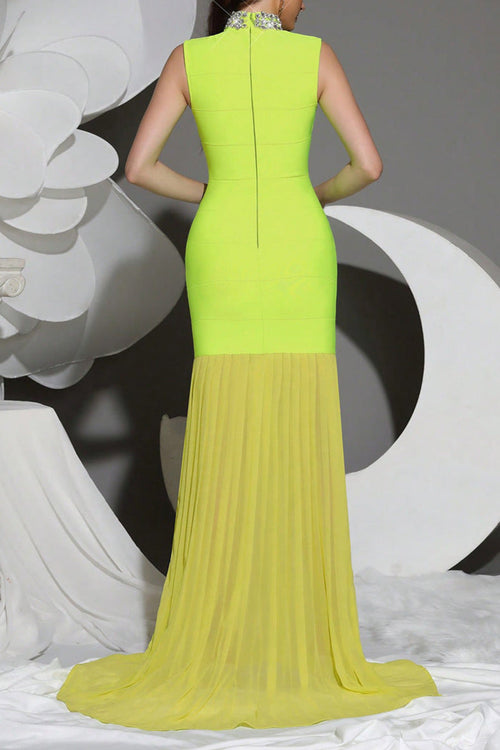 Amy Mesh Stitching Diamond High Collar Bandage Maxi Dress In Green