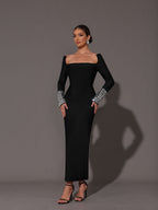 Flowering Girl Women Square Neck Diamond Tight Bandage Maxi Dress In Black