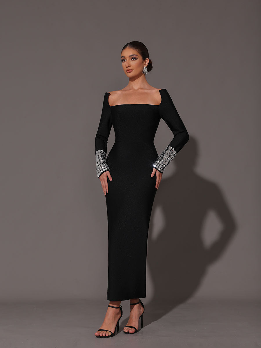 Square Neck Diamond Tight Bandage Maxi Dress In Black