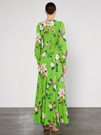 Green Floral Satin Long Sleeve Maxi Dress