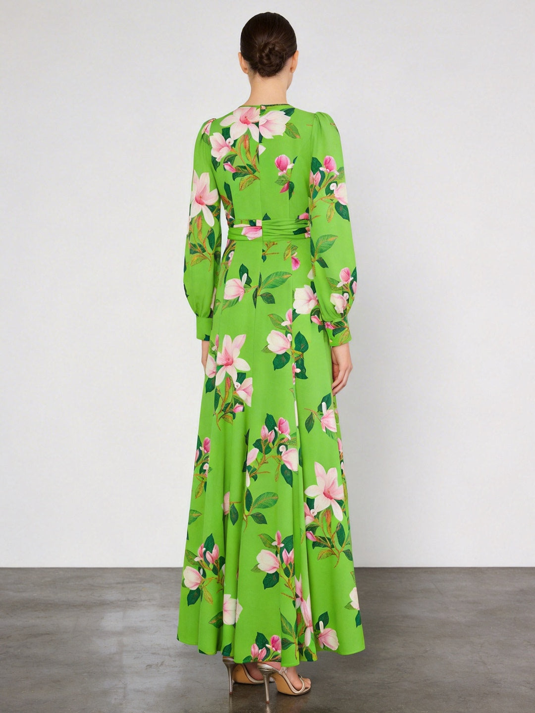Green Floral Satin Long Sleeve Maxi Dress