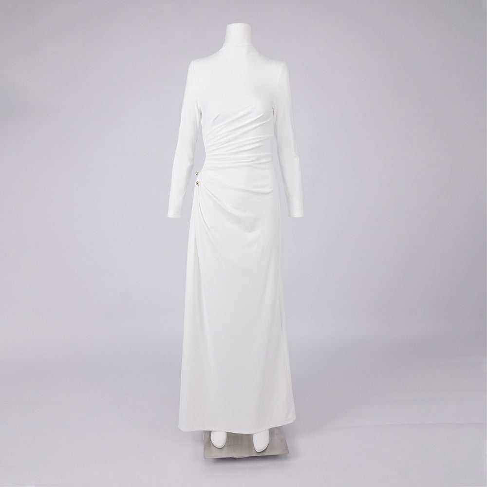 Rita Metallic Double Ball Long-Sleeve High-Slit Maxi Dress In White