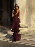 Flowering Girl Women lorraine Waist-cinching backless camisole cake maxi dress - burgundy