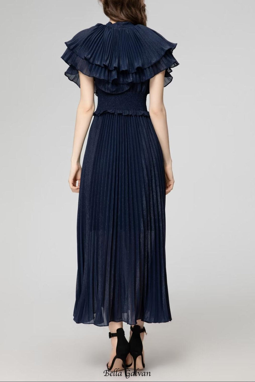 jocelyn ruffled pleated cape embellished midi dress - navy blue