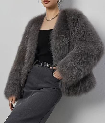 Flowering Girl Women Gray Faux Fox Fur Eco Friendly Long Sleeve Jacket