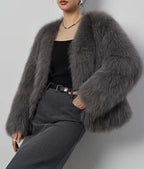 Flowering Girl Women Gray Faux Fox Fur Eco Friendly Long Sleeve Jacket
