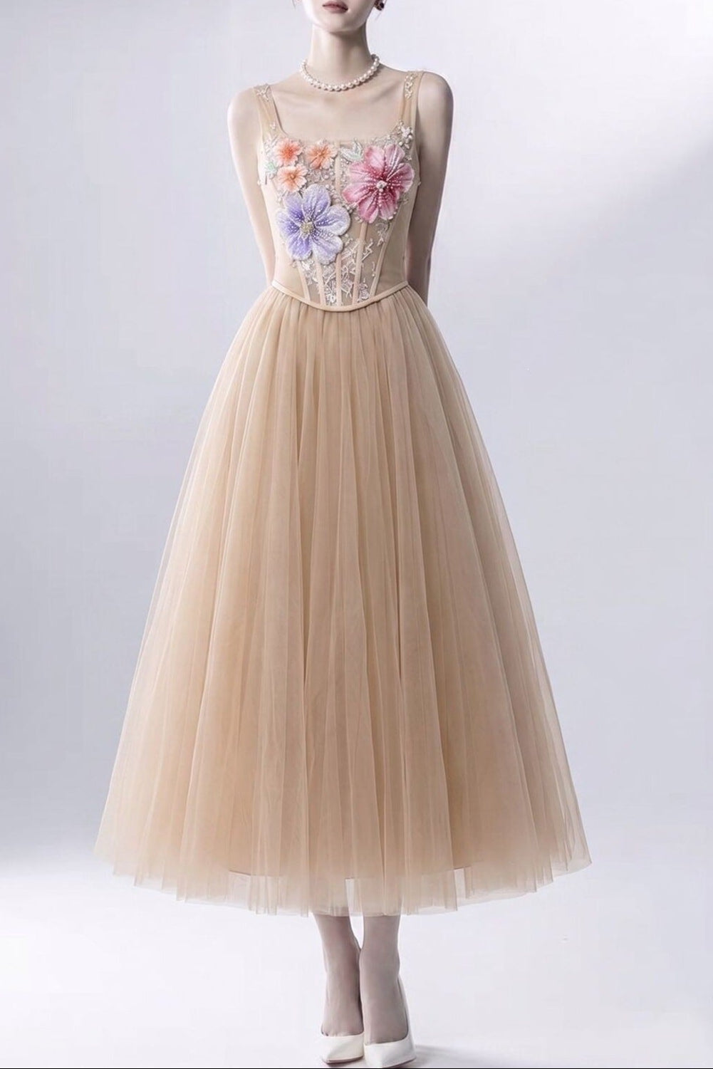 Flowering Girl Women 3D Floral Camisole Top & Tulle Skirt Set - Champagne