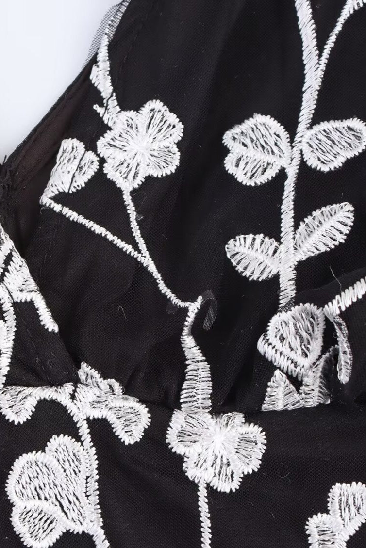 sarah V Neck Floral Embroidered Midi Dress in black
