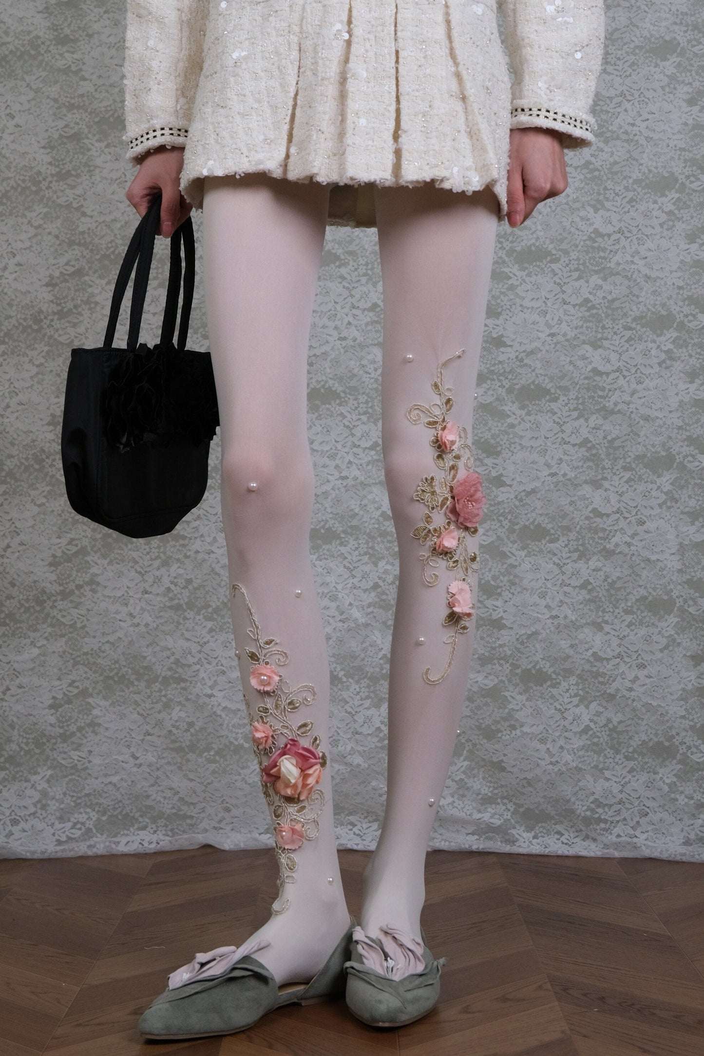 Sheer White Floral Embroidered Tights with 3D Flowers & Pearls
