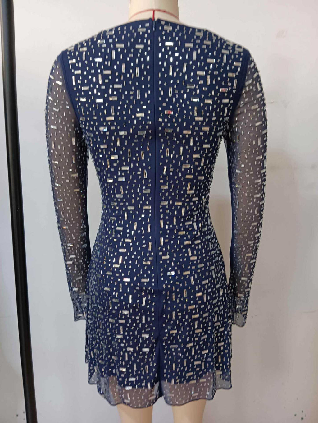 Flowering Girl Women Amanda Navy Long Sleeve Rhinestone Mesh Mini Dress