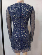 Flowering Girl Women Amanda Navy Long Sleeve Rhinestone Mesh Mini Dress