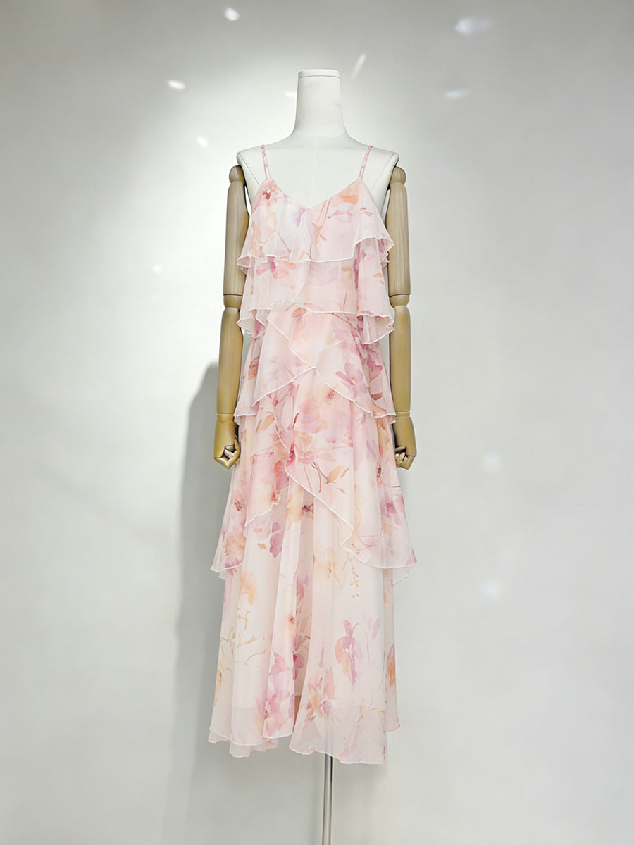 beverly V-neck spaghetti strap chiffon maxi dress - pink