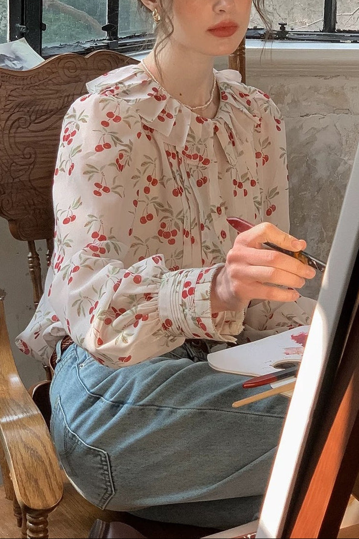 Silk Pressed Crepe Collar Lantern Sleeve Shirt Top