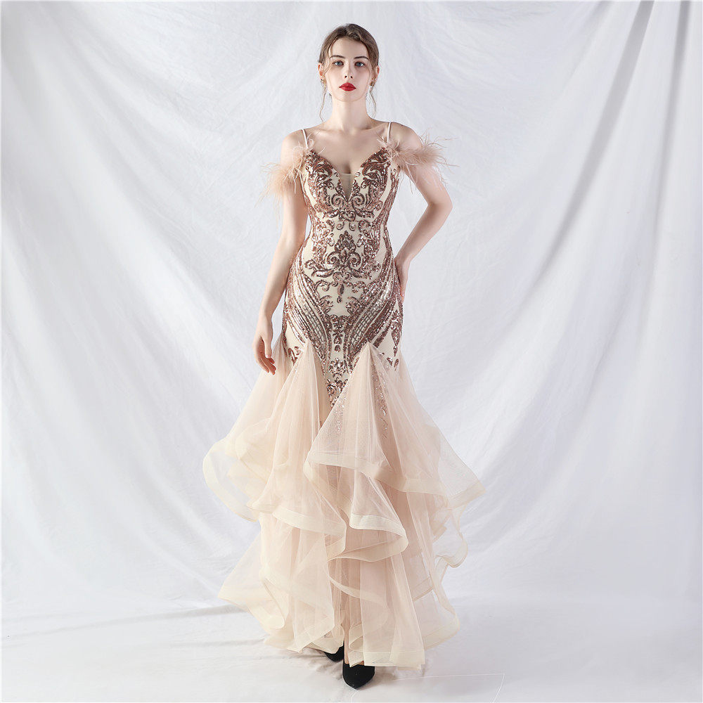 Flowering Girl Women Feather Sequin Strapless Tulle Maxi Dress