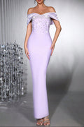 Flowering Girl Women Belen Diamond Off-Shoulder Bodycon Maxi Bandage Dress In Pale Purple