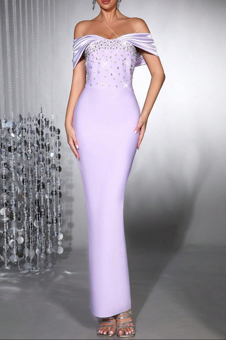 Flowering Girl Women Belen Diamond Off-Shoulder Bodycon Maxi Bandage Dress In Pale Purple